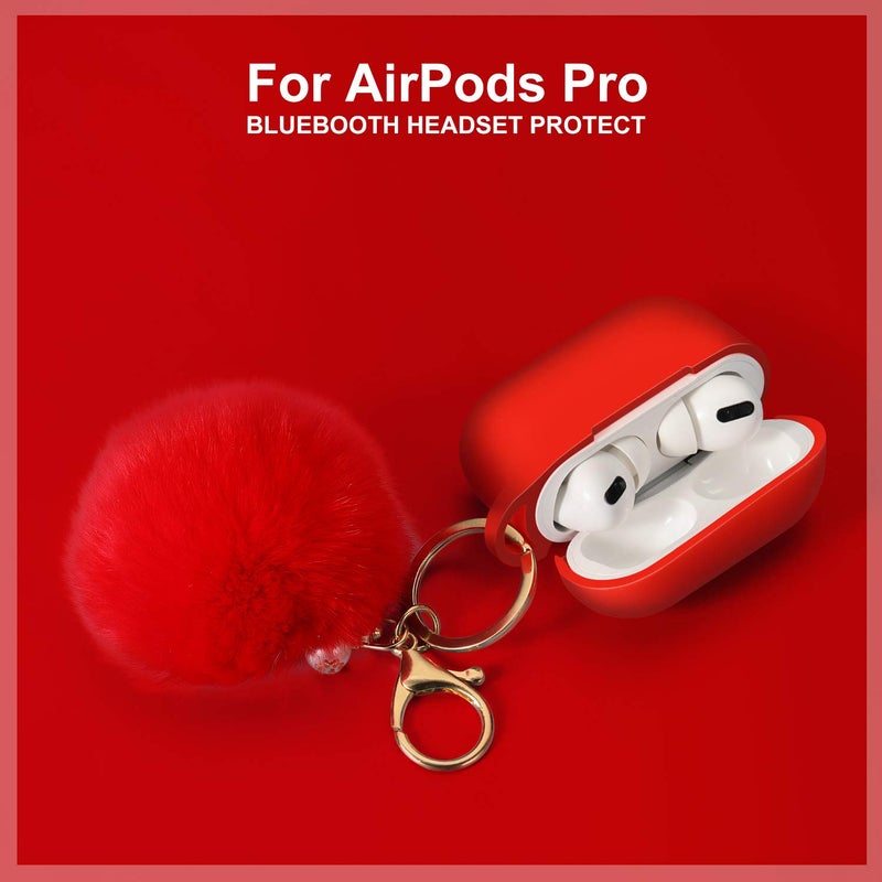 Cypher.V Protective Case Cover for Airpods Pro Charging Case, Upgraded Air Pods Silicone Case Skin with Soft Cute Fluffy Ball Pom Pom Keychain Kit (A, Red) - Image 2
